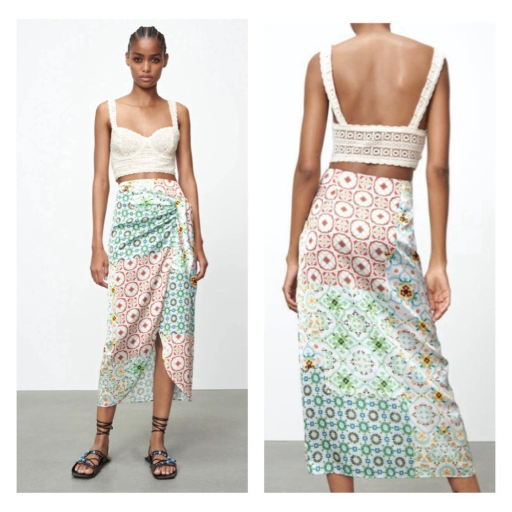 Zara Satin Floral Print Knot Twist Midi Skirt Women's L Sarong Style Boho NWT